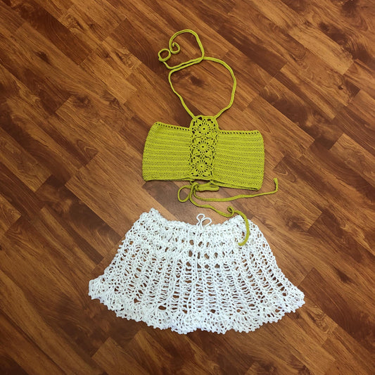 Festival Skirt Two Piece Outfit Mesh Mini Skirt and Halter Crop Top by Garust