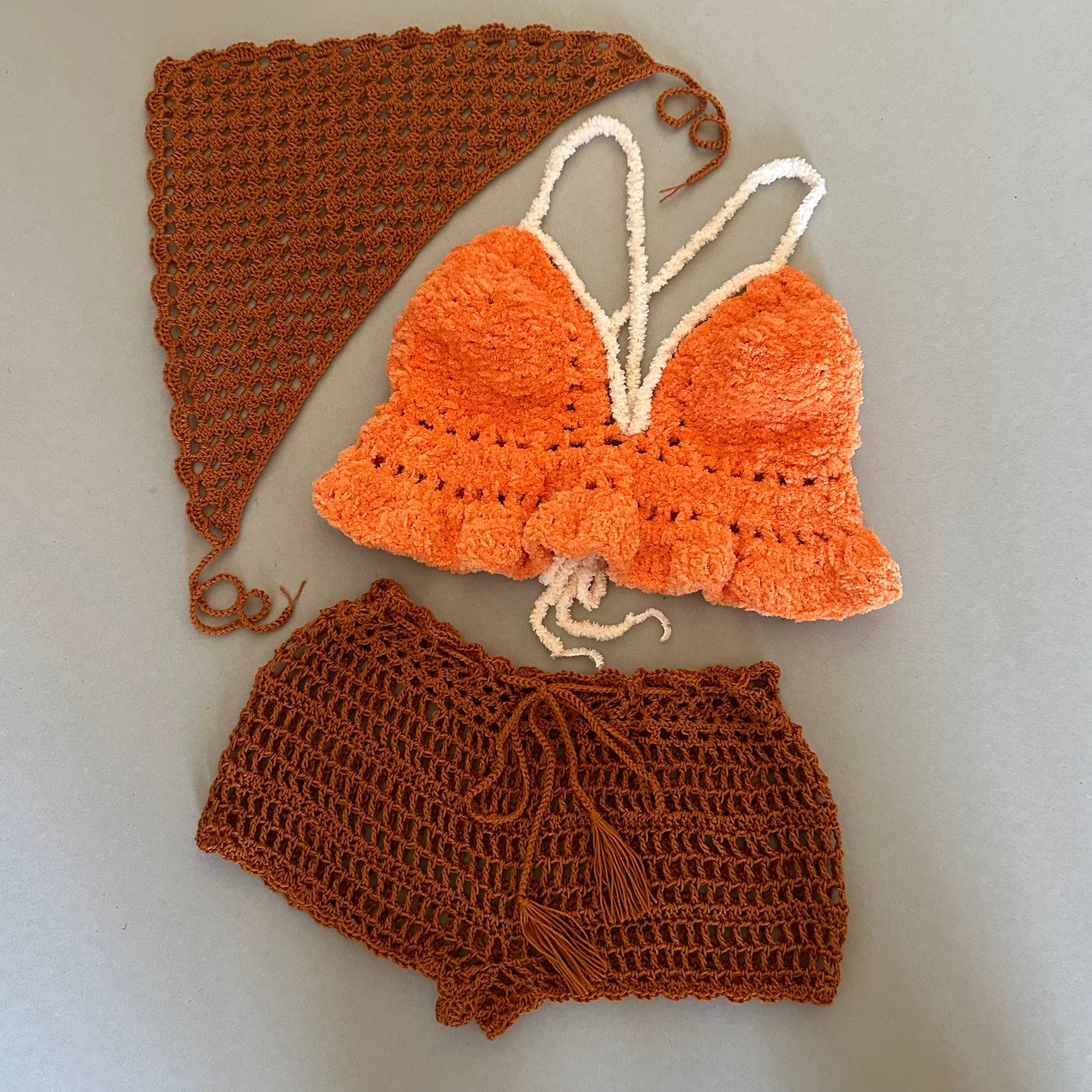 Festival 3 pcs Crochet Outfit Plushie Crop Top Mesh shorts Bandana Headpiece by Garust