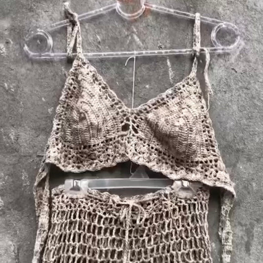 Crochet Bralette and Mesh Shorts Two Piece Set for Women’s by Garust
