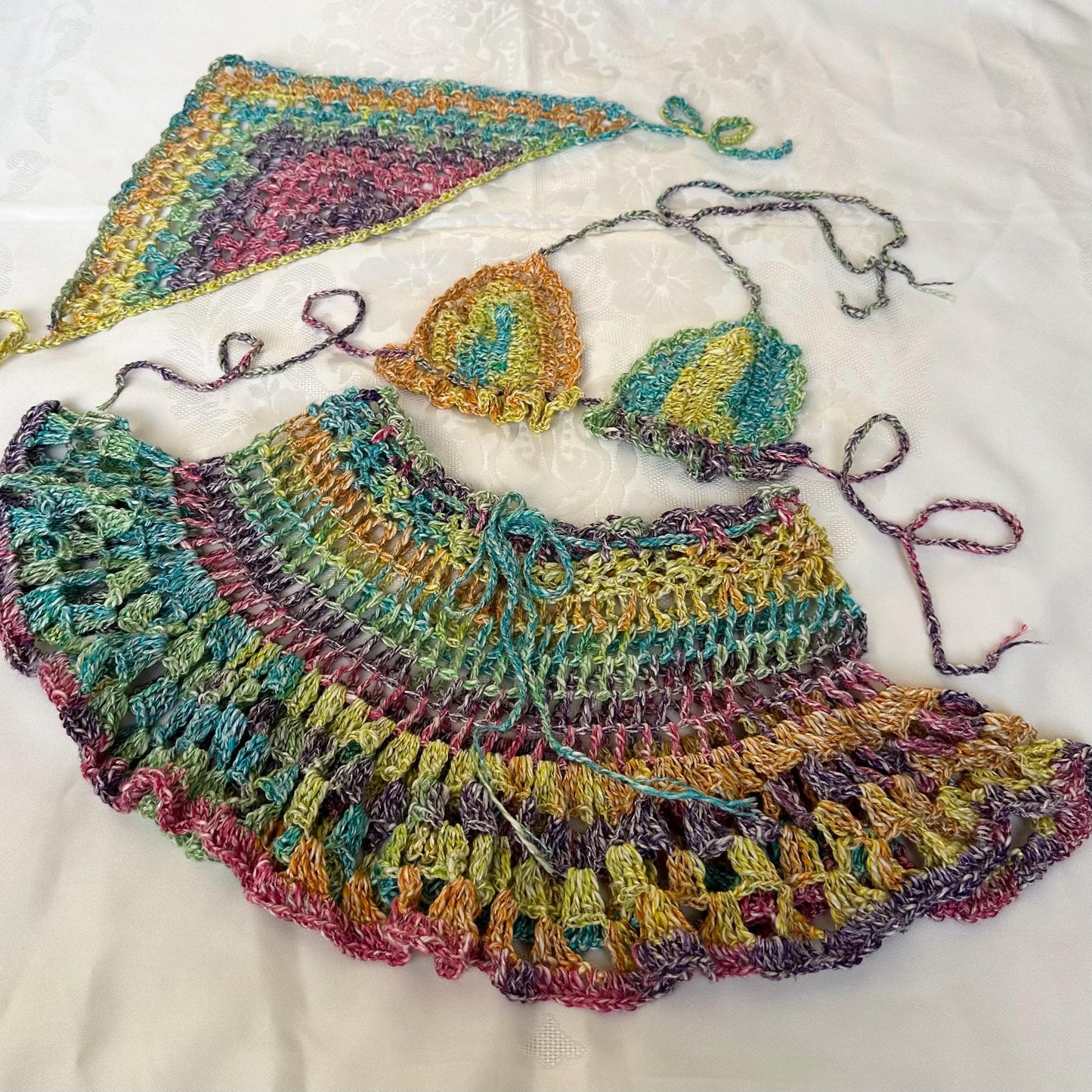 Rainbow 3 pcs Festival Crochet Outfit Flared Mini Skirt Bra Bandana Headpiece by Garust