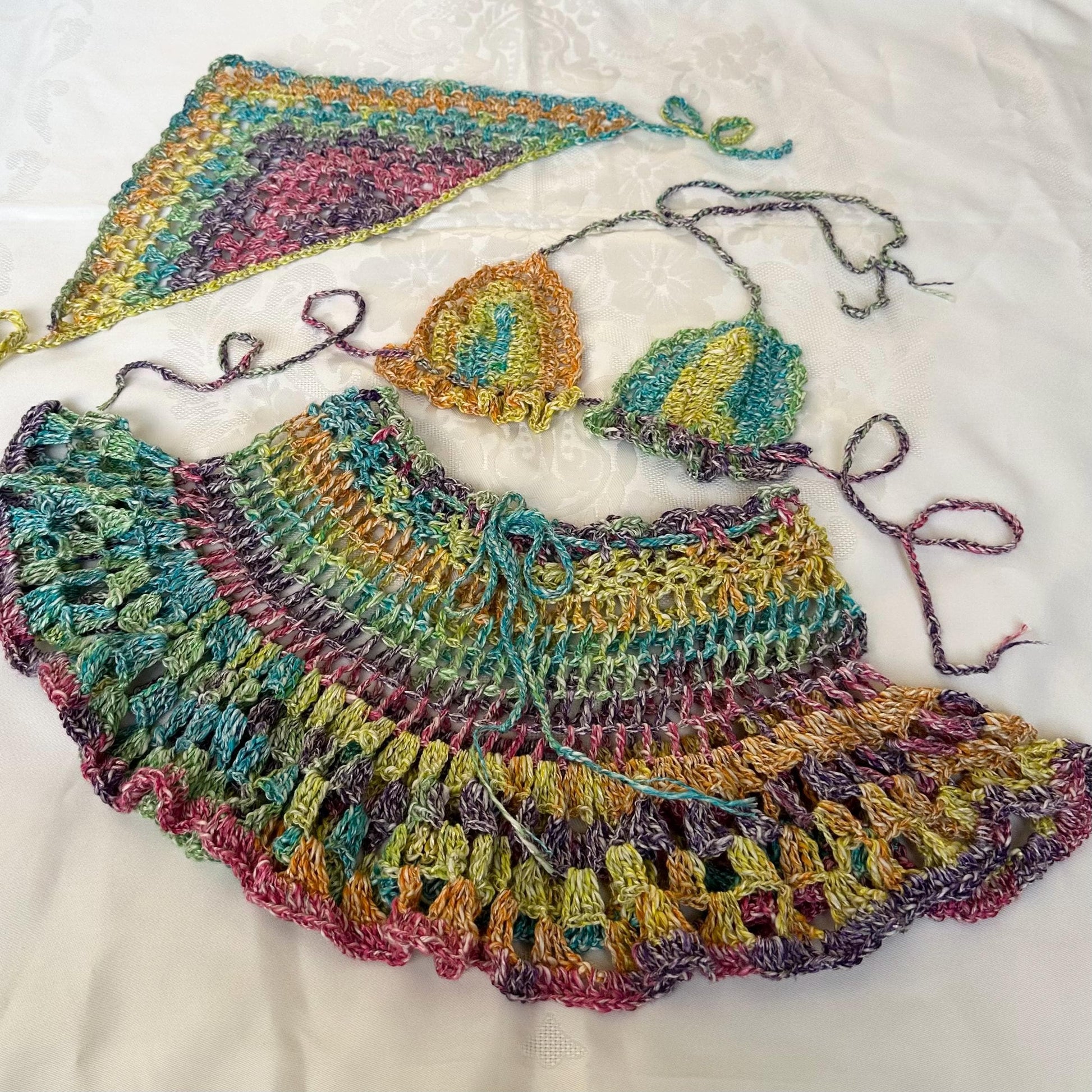 Rainbow 3 pcs Festival Crochet Outfit Flared Mini Skirt Bra Bandana Headpiece by Garust