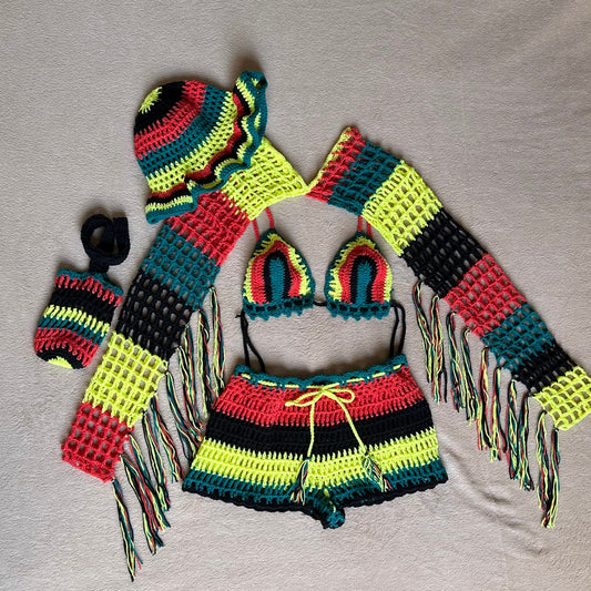 Rasta 5 pcs Festival Set Mesh Long Sleeve Shrug Bra and Shorts Panama Hat Water Bottle C Cover by Garust
