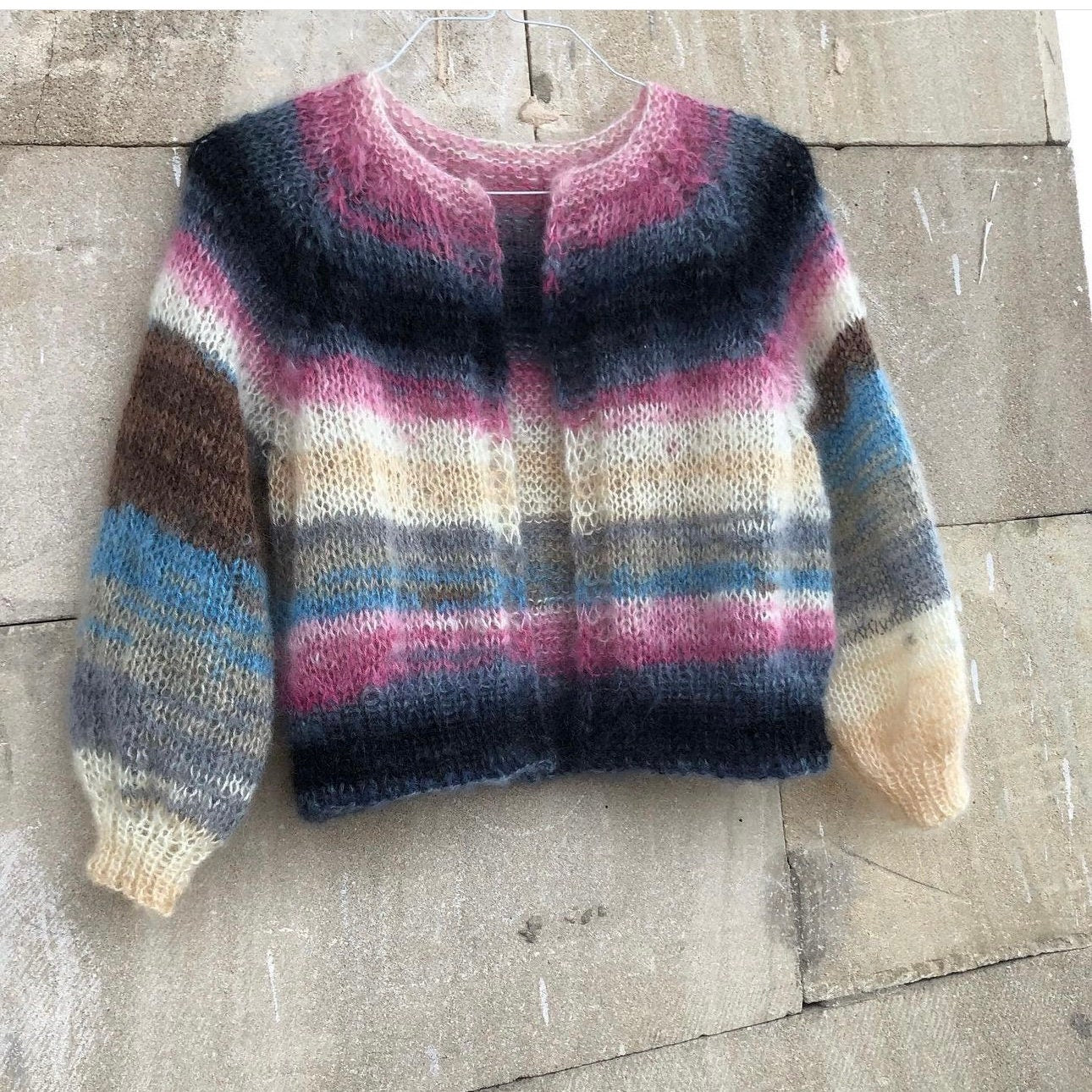Mohair colorful cropped fuzzy cardigan Multi color open front cable knit raglan cardigan woman Abstract Boho Warm gift for women Christmas