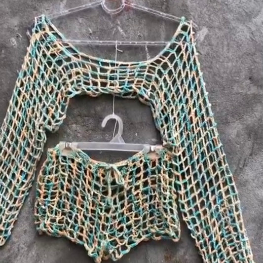 Festival Mesh Outfit Crochet Long Sleeve Crop Top and Shorts by Garust