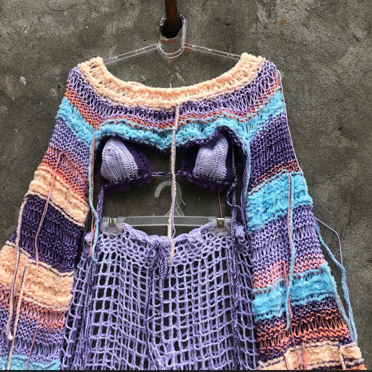 3 pcs crochet outfit woman Colorful long wide sleeves crop top Bra and pants set Cool handmade festival matching set Unique gift girlfriend
