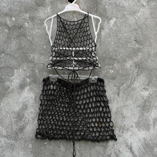 Hollow Out 2 piece Outfit Fishnet Top and Fitted Mini Skirt Festival Wear by Garust