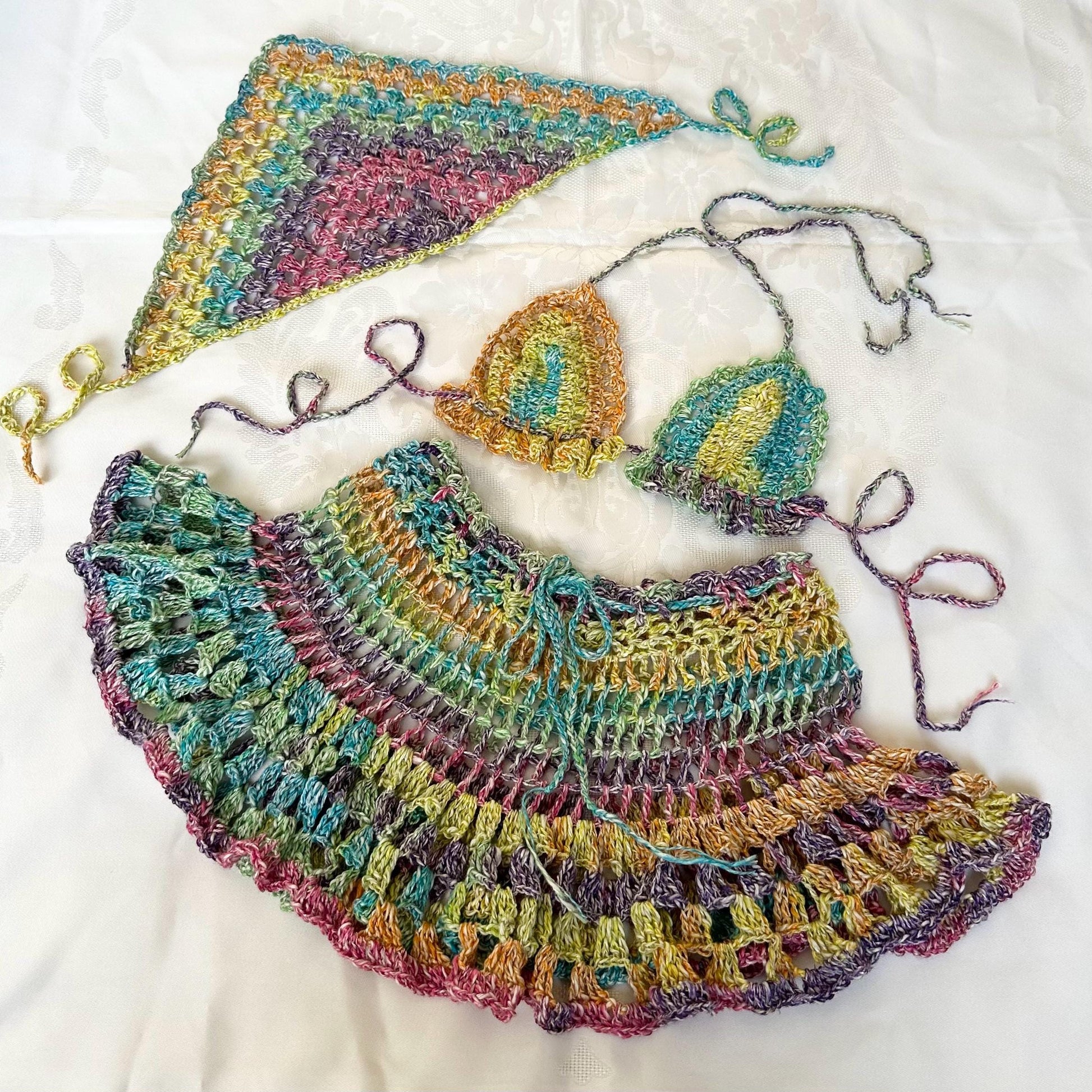 Rainbow 3 pcs Festival Crochet Outfit Colourful Flared Mini Skirt Bra Bandana Headpiece by Garust