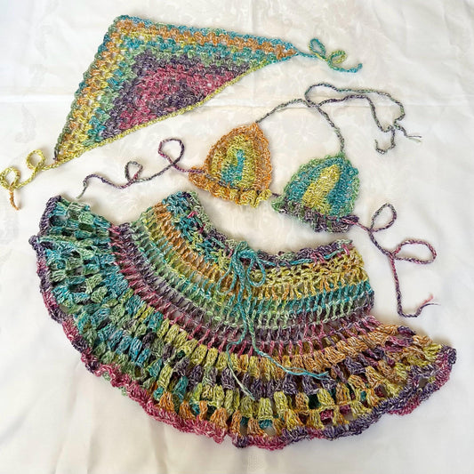 Rainbow 3 pcs Festival Crochet Outfit Colourful Flared Mini Skirt Bra Bandana Headpiece by Garust