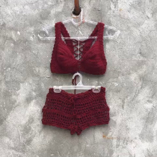 Festival Two Piece Crochet Outfit Women Top and Mini Shorts Matching Set by Garust
