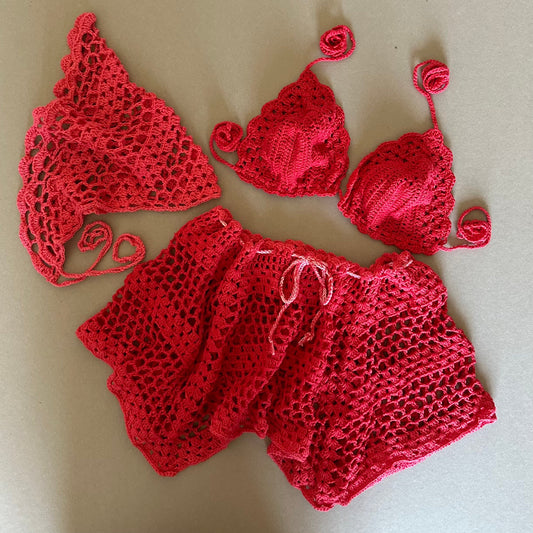 Granny Square 3 Piece Outfit Fishnet Skirt Crochet Bralette and Bandana Head Piece Scarf Set for Women’s by Garust