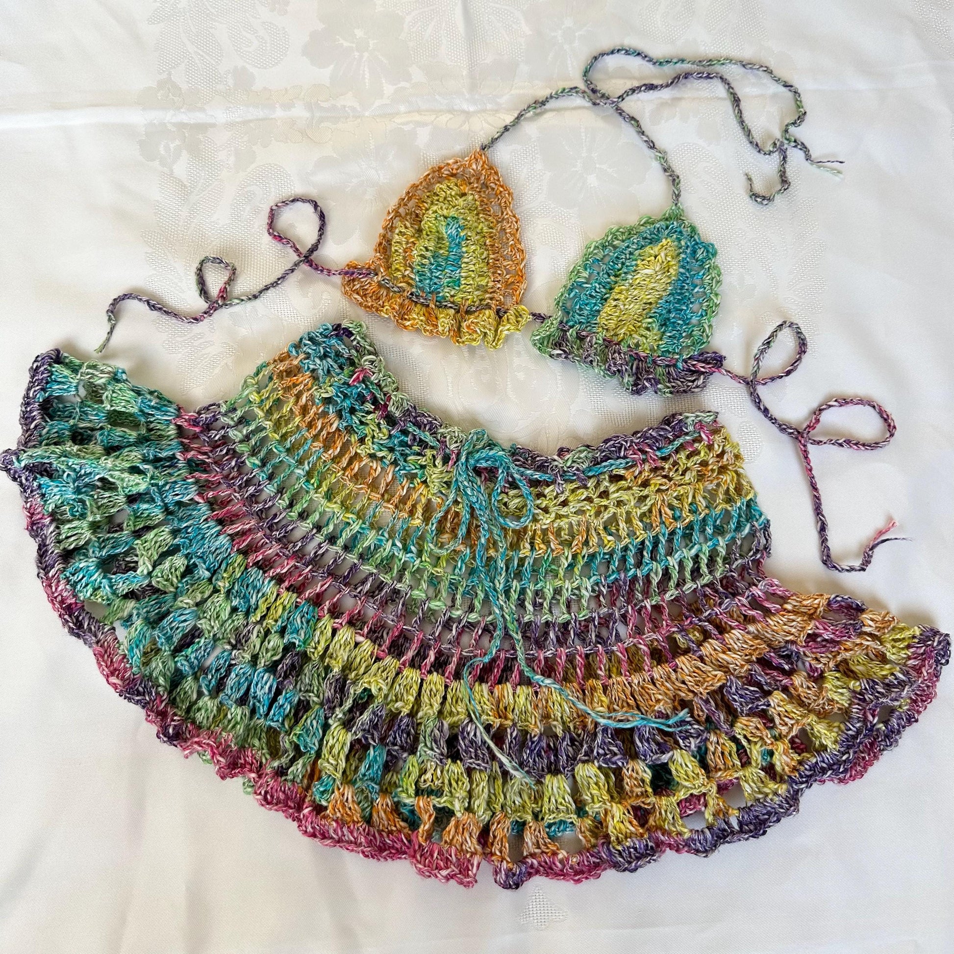 Rainbow 3 pcs Festival Crochet Outfit Mini Skirt Bra Bandana Headpiece by Garust