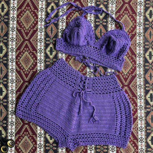 Crochet Shorts Set Boho Festival Bralette and Shorts Two Piece Set by Garust