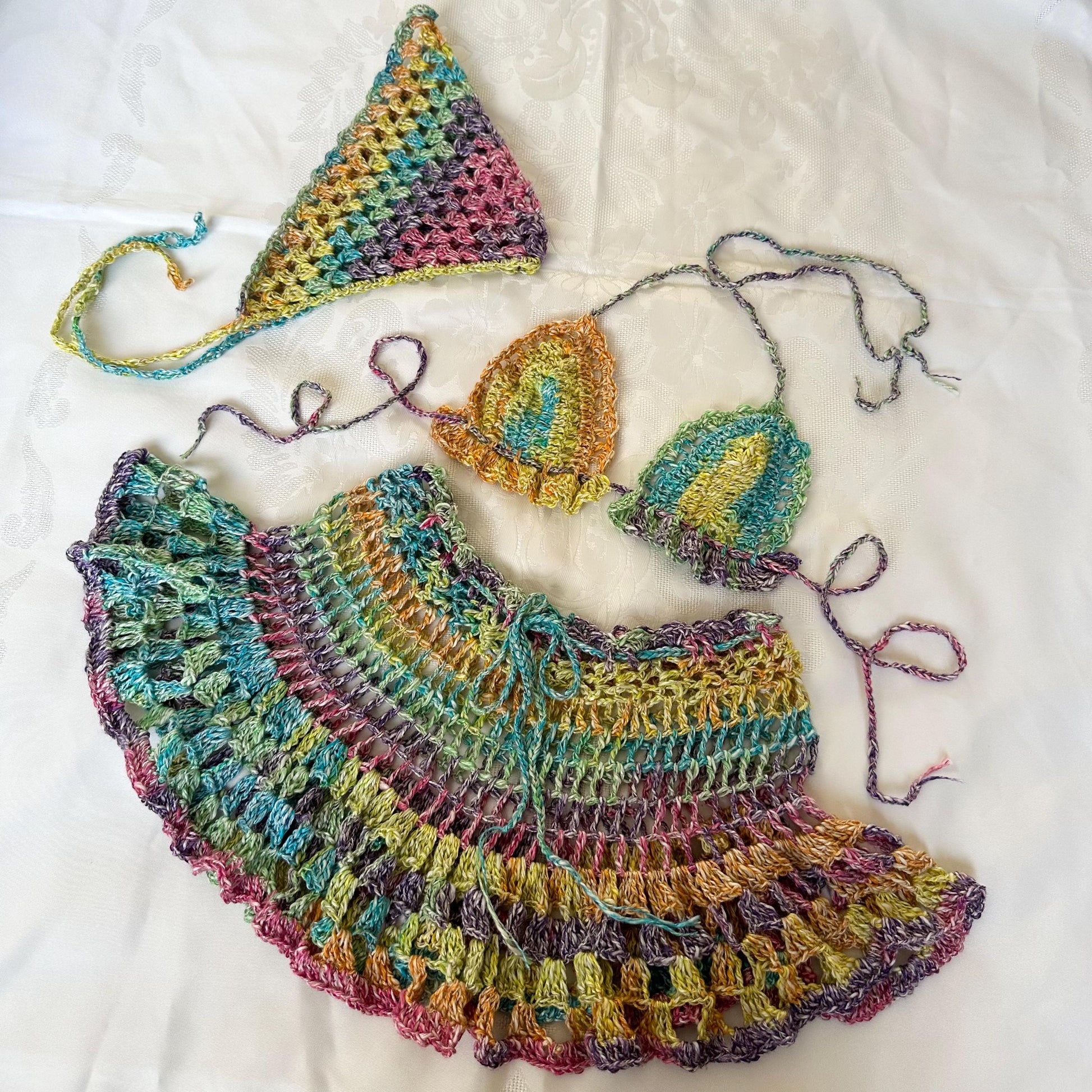 Rainbow 3 pcs Festival Crochet Outfit Colourful Flared Skirt Bra Bandana Headpiece by Garust