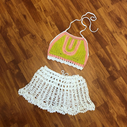 Fishnet Mini Skirt and Halter Crop Top Crochet Festival 2 Piece Outfit for Women’s by Garust