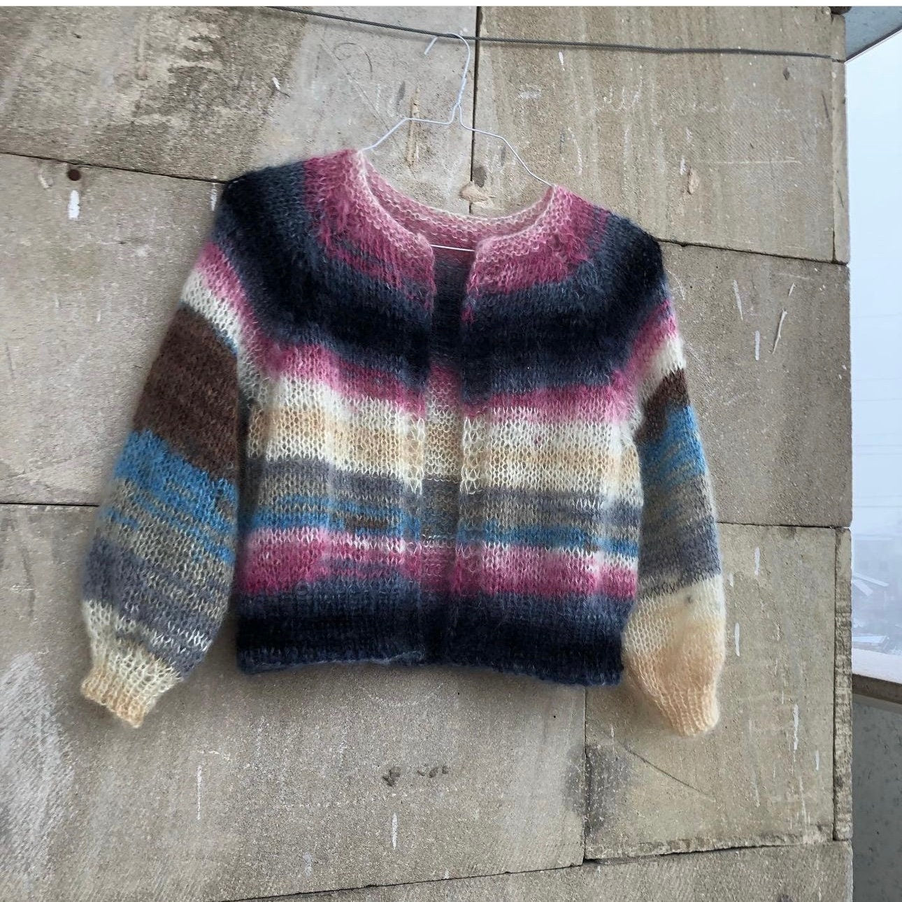 Mohair colorful cropped fuzzy cardigan Multi color open front cable knit raglan cardigan woman Abstract Boho Warm gift for women Christmas