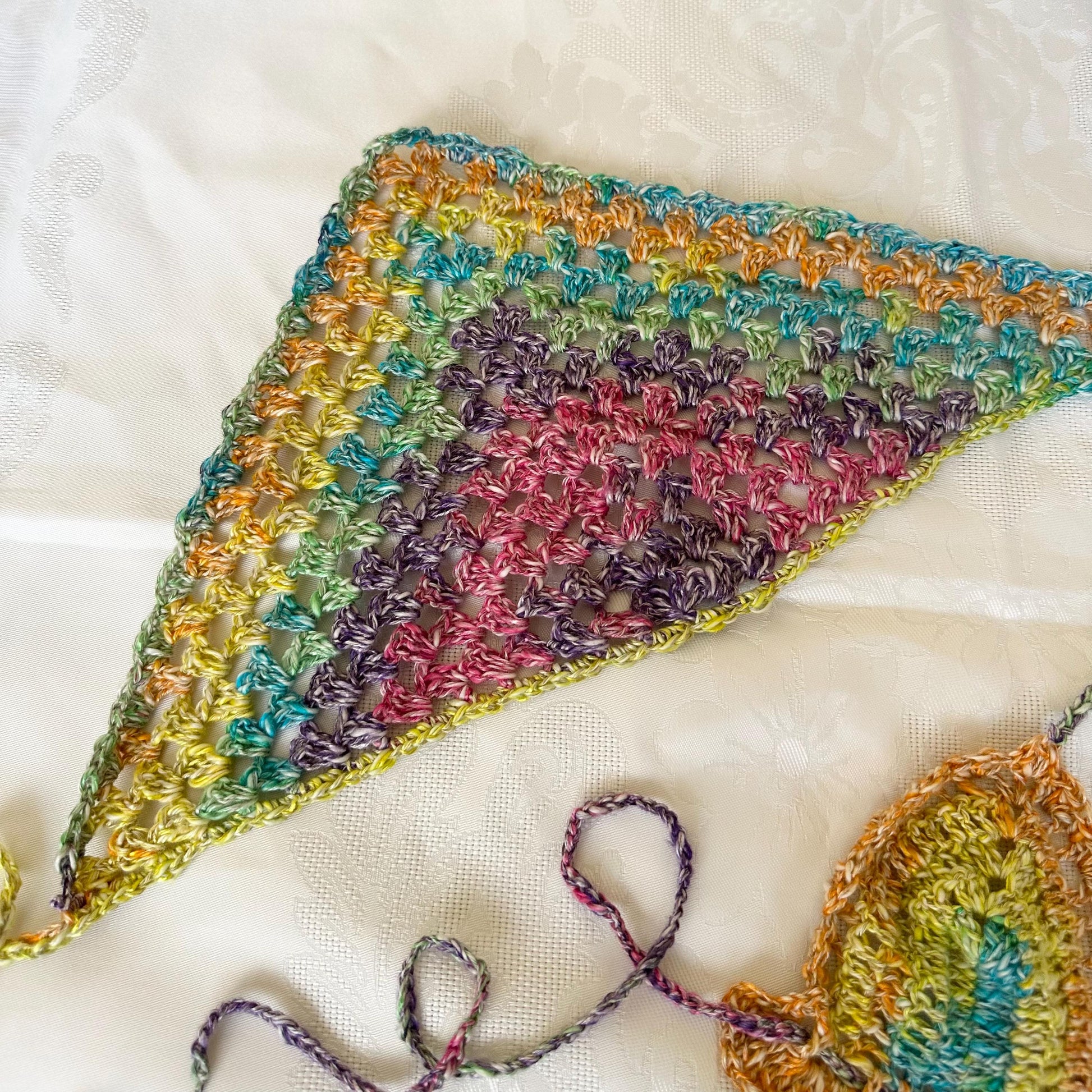 3 pcs Festival Crochet Outfit Colourful Flared Mini Skirt Bra Bandana Headpiece by Garust
