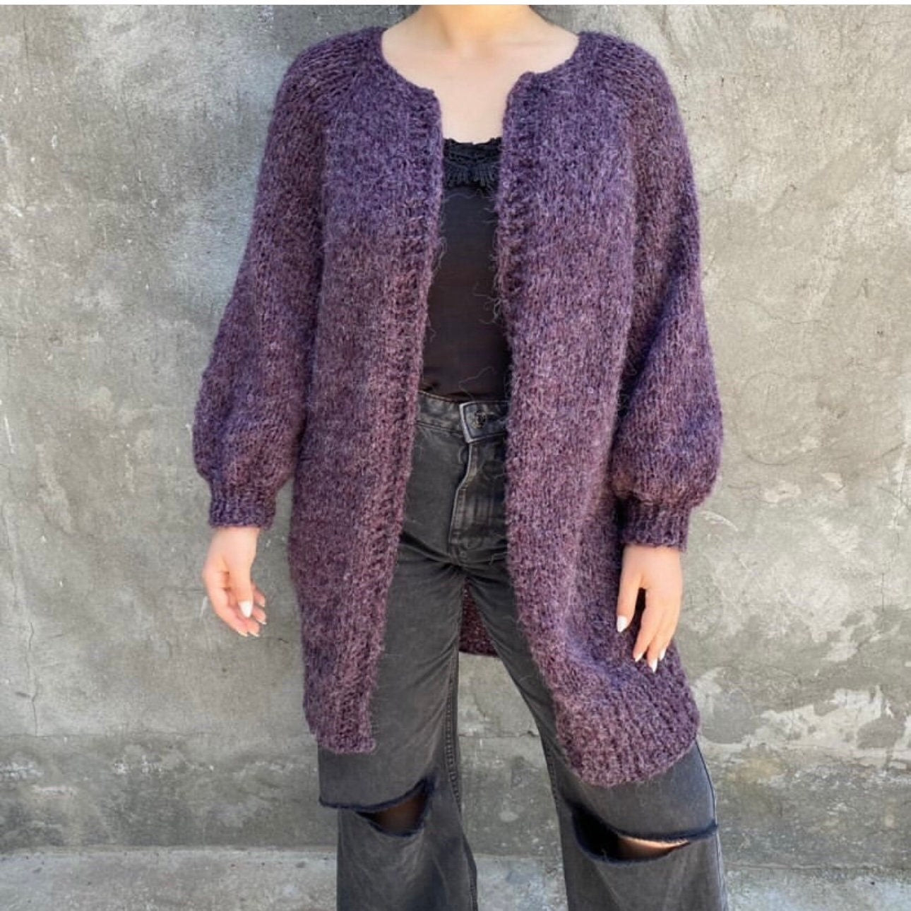 Purple Long Fuzzy Mohair Open Front Cardigan Woman by Garust