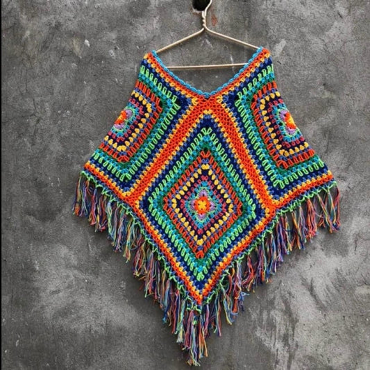 Multicolour Festival Fringe Poncho Wrap Unisex Adults by Garust