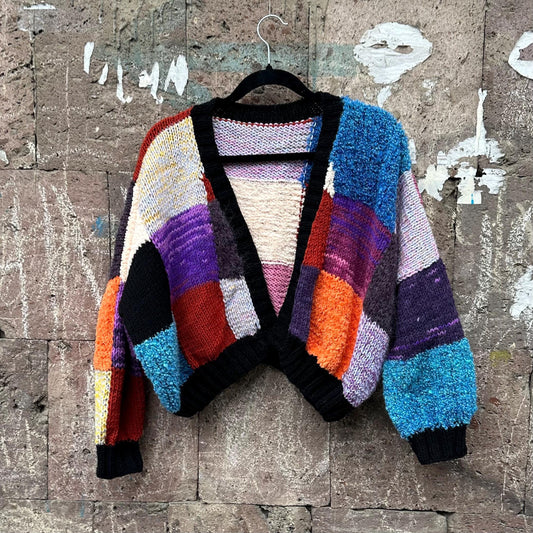 Knitted Patchwork Cardigan Multicolour Oversized Checkered Cardigan for Women by Garust