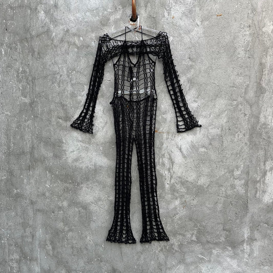 Black Jumpsuit and Long Sleeve Crop Top Crochet Festival 2 piece Outfit for Women’s by Garust