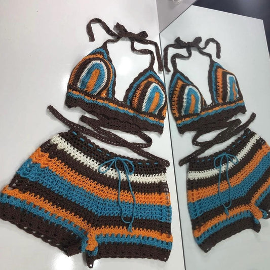 Striped Mini Shorts and Bra Top Crochet Festival Wear Two Piece by Garust