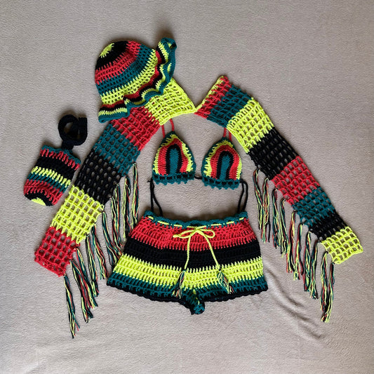 Rasta 5 pcs Festival Crochet Set Mesh Long Sleeve Shrug Bra and Shorts Panama Hat Water Bottle C Cover by Garust