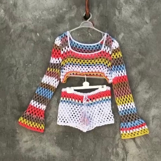 Long Sleeve Crop Top and Shorts Outfit Multicolour Crochet Two Piece Festival for Women’s by Garust