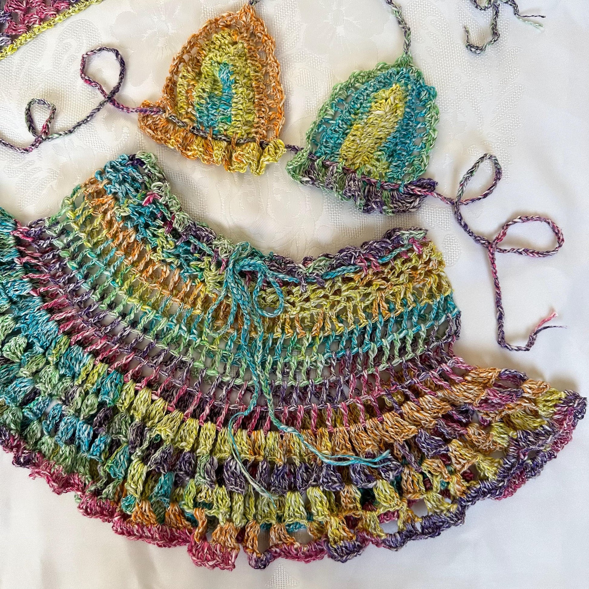 Rainbow 3 pcs Festival Crochet Set Colourful Flared Mini Skirt Bra Bandana Headpiece by Garust