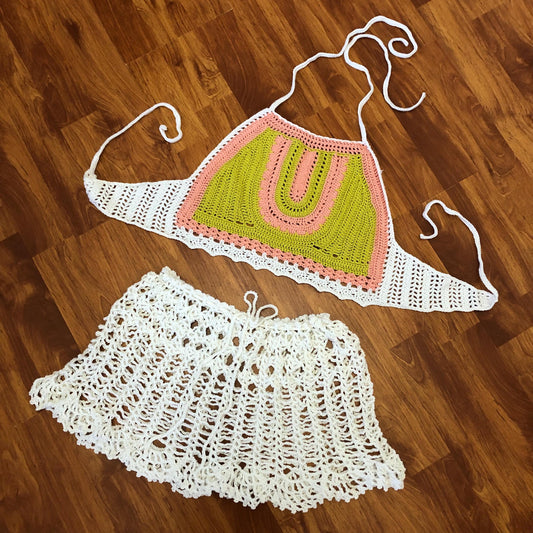 Fishnet Skirt and Halter Crop Top Crochet Festival 2 Piece Outfit for Women’s by Garust