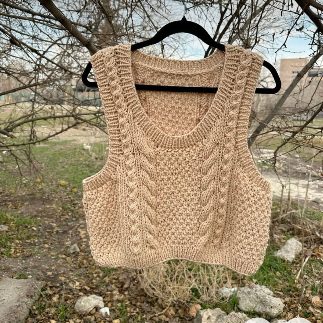 Beige Cable Knit Merino Wool Crop Sweater Vest for Women’s by Garust