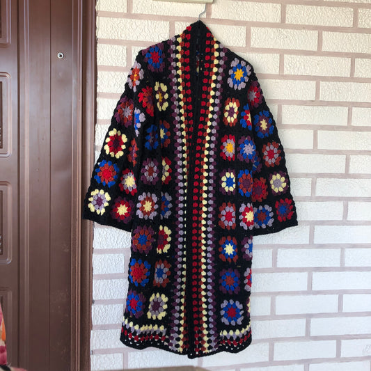 Boho Granny Square Cardigan | Long Multicolor Wool Knit for Women by Garust