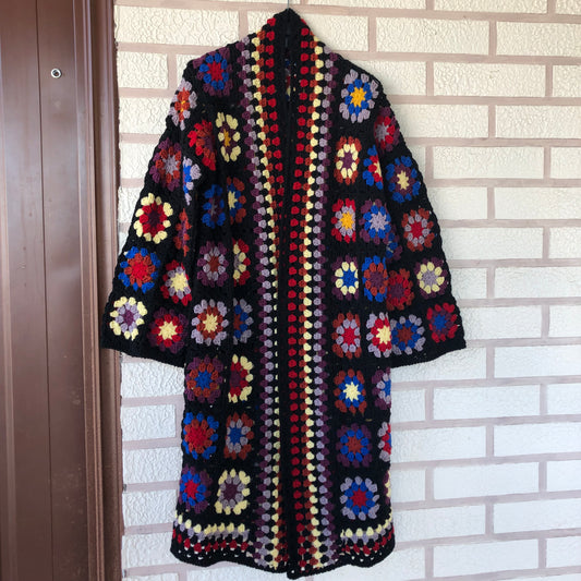 Boho Granny Square Cardigan | Long Multicolor Wool Knit for Women by Garust
