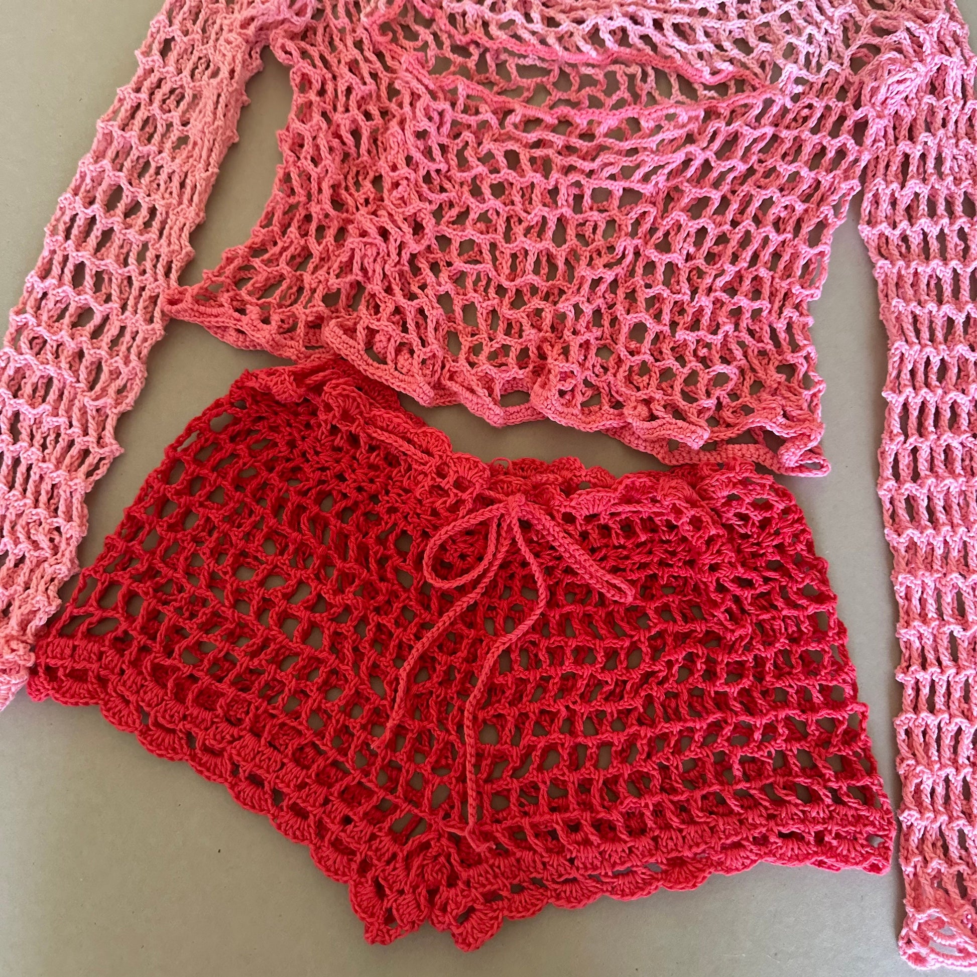 Pink Long Sleeve Cut Out Open Front Top Mesh Shorts and Bandana 3 pcs Set Outfit for Women’s by Garust