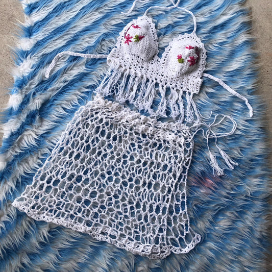 Bikini Cover Up Set Crochet Fringe Embroidered Bra and Mesh Sarong Skirt Festival for Women’s by Garust