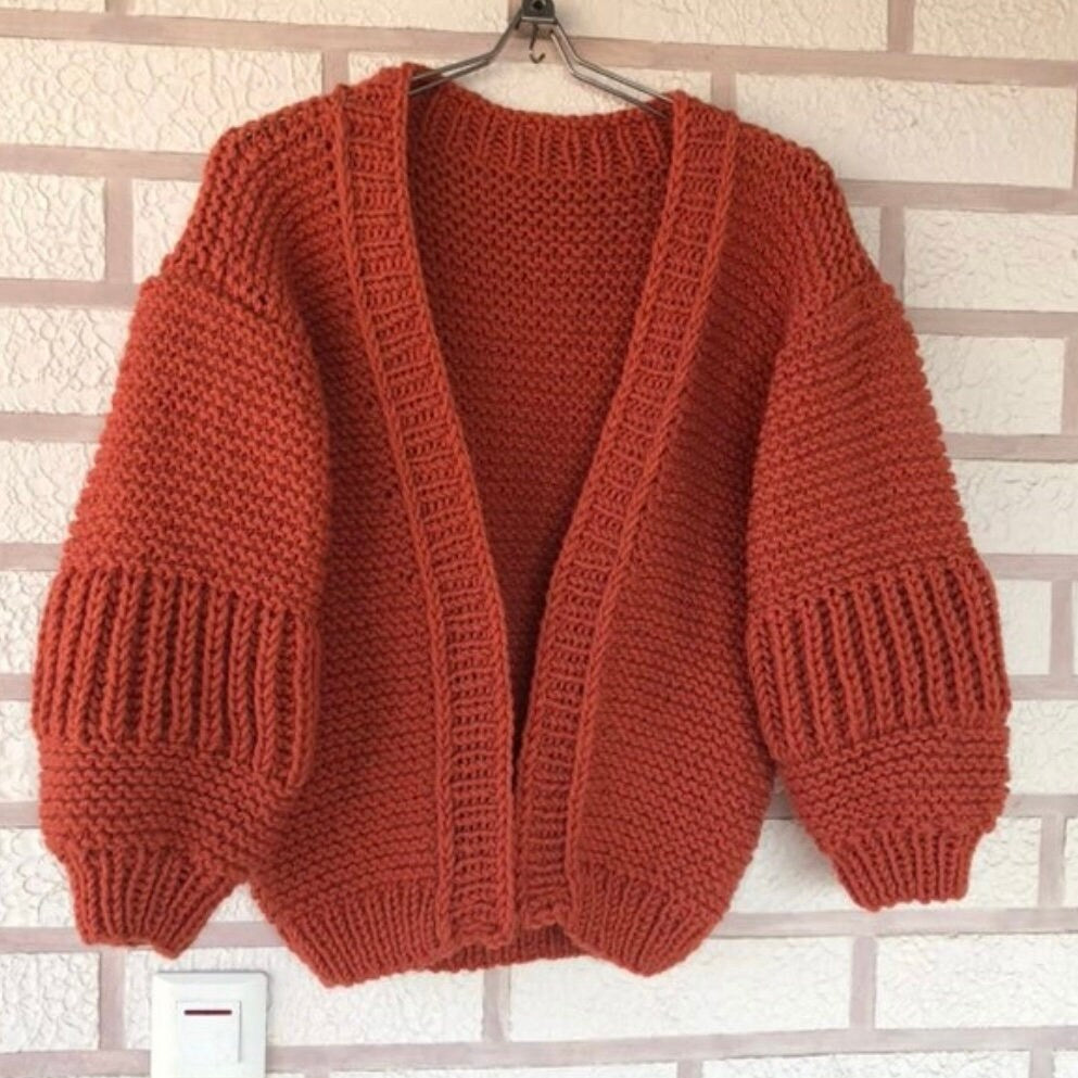 Chunky knit ripped cardigan Thick open front puff sleeves cardigan woman Wide sleeve cropped sweater cardigan Wool knit cardigan gift her