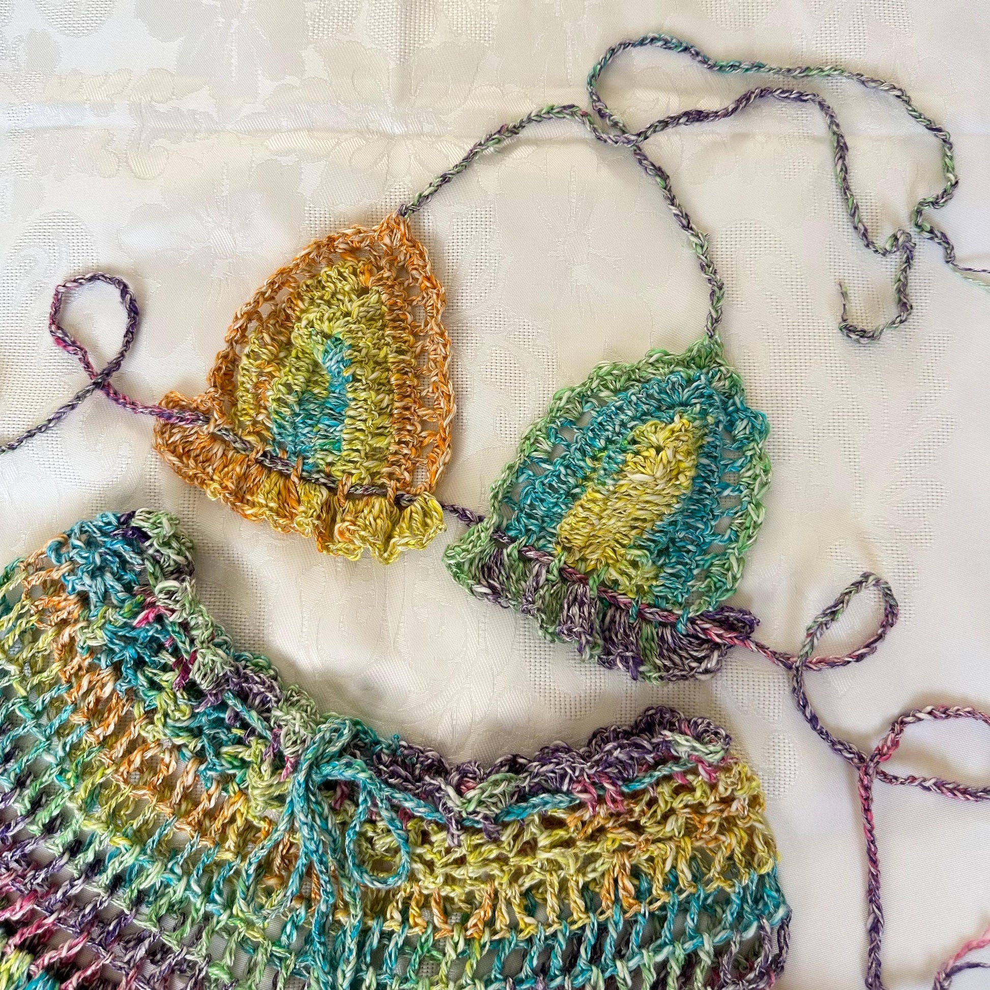 Crochet 3 pcs Festival Outfit Colourful Flared Mini Skirt Bra Bandana Headpiece by Garust