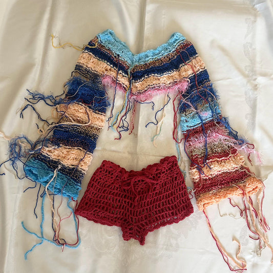 y2k Bell long Sleeves Crop Top and Mesh Shorts 2 piece Festival Rave Crochet Outfit by Garust