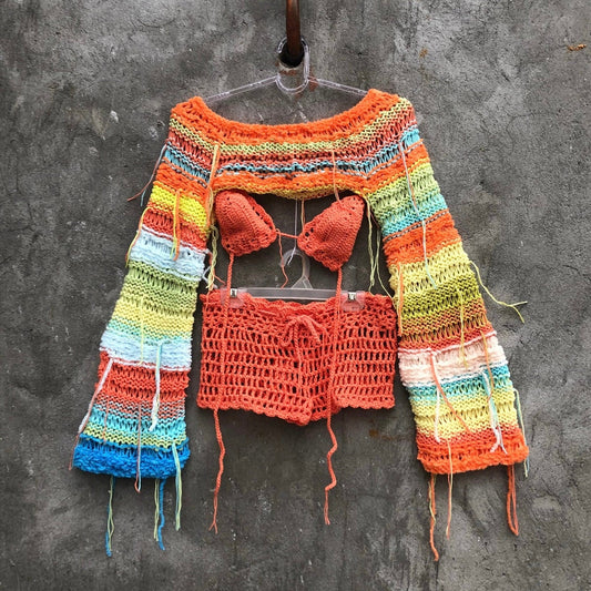 3 pcs cool crochet outfit woman Wide long sleeve crop top Bra and shorts set Festival tassel top outfit Bright beach rave wear clothes gift