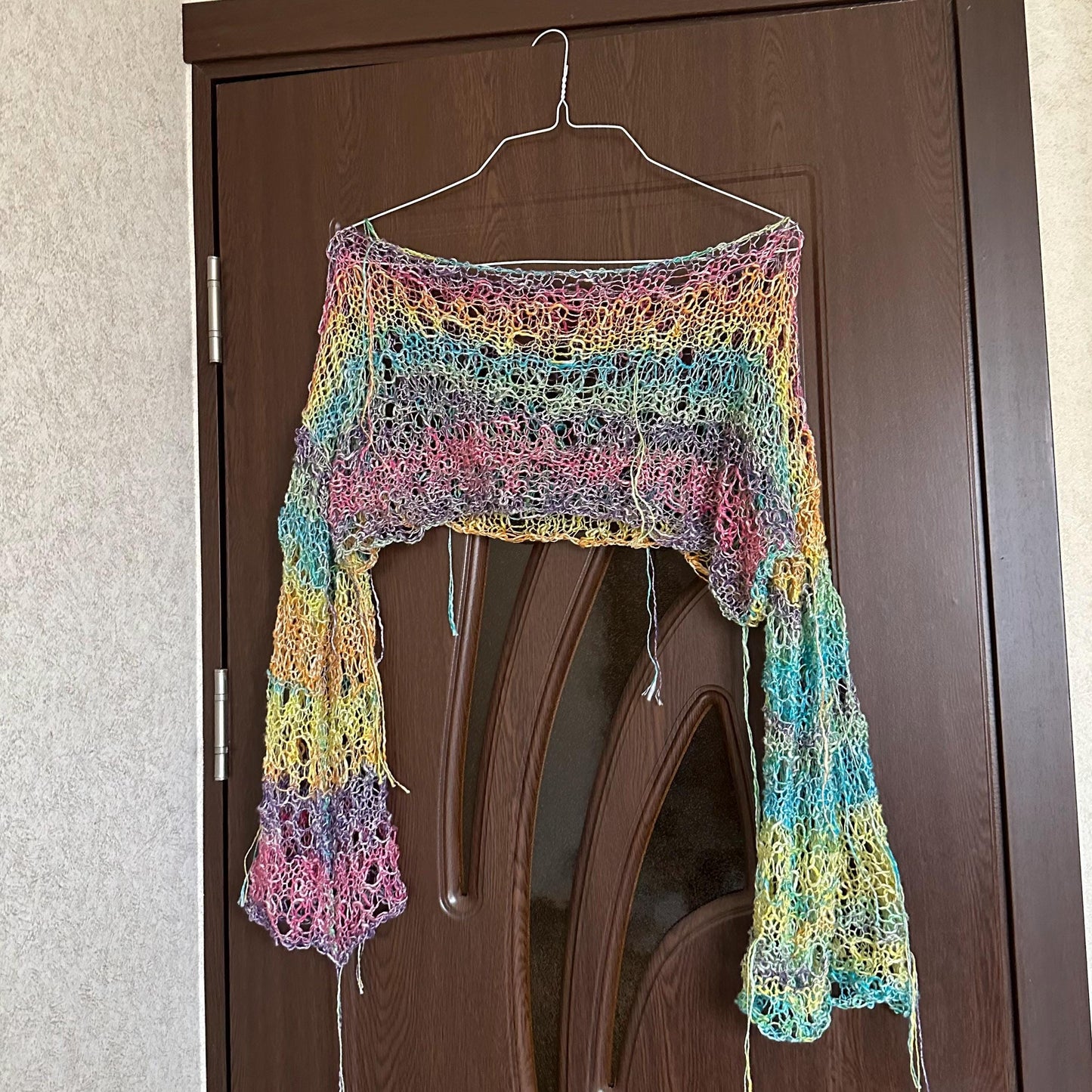 Rainbow Cool Festival Distressed Hollow Long Sleeve Crop Top Sweater for Women’s by Garust