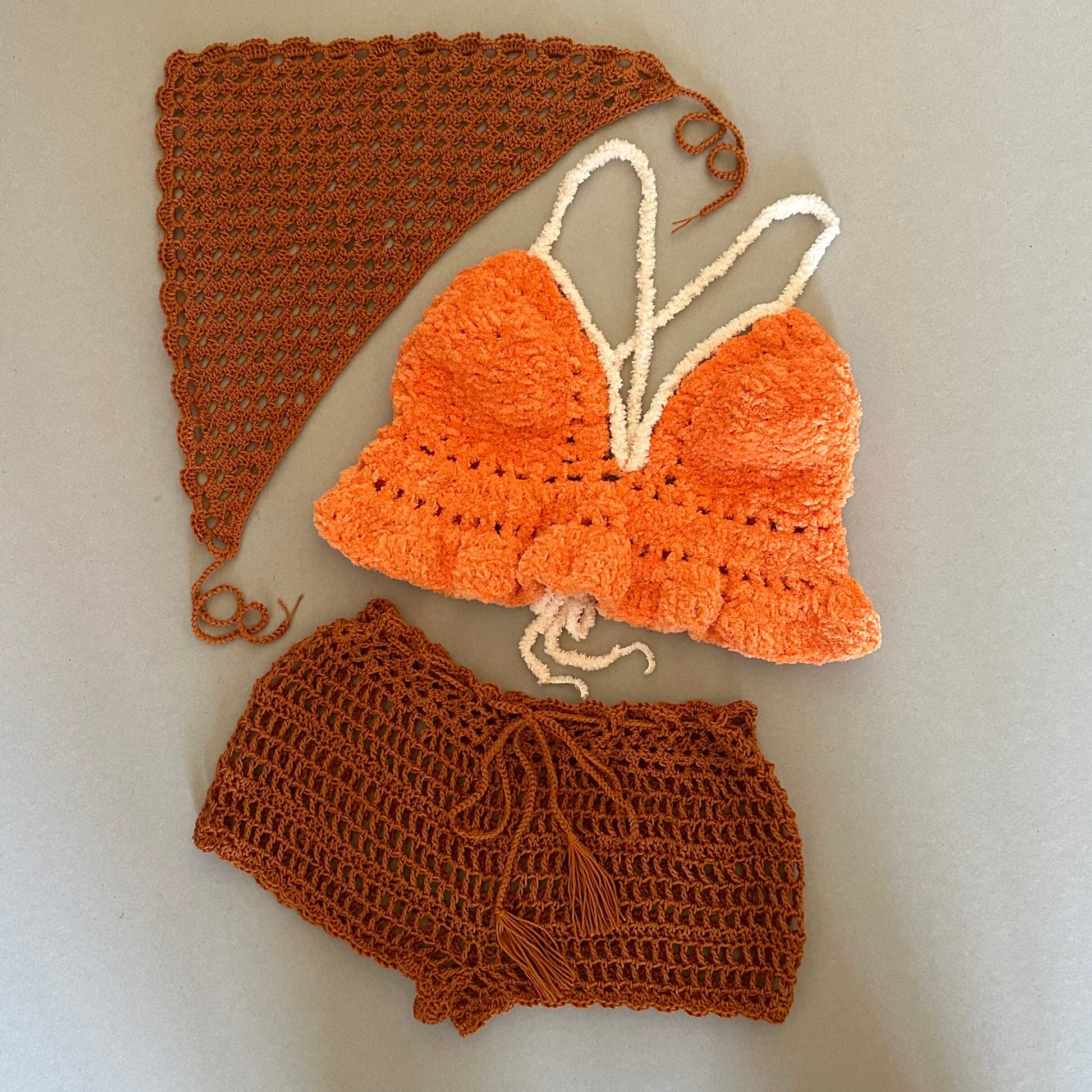Festival 3 pcs Crochet Outfit Set Velvet Crop Top Mesh shorts Bandana Headpiece by Garust