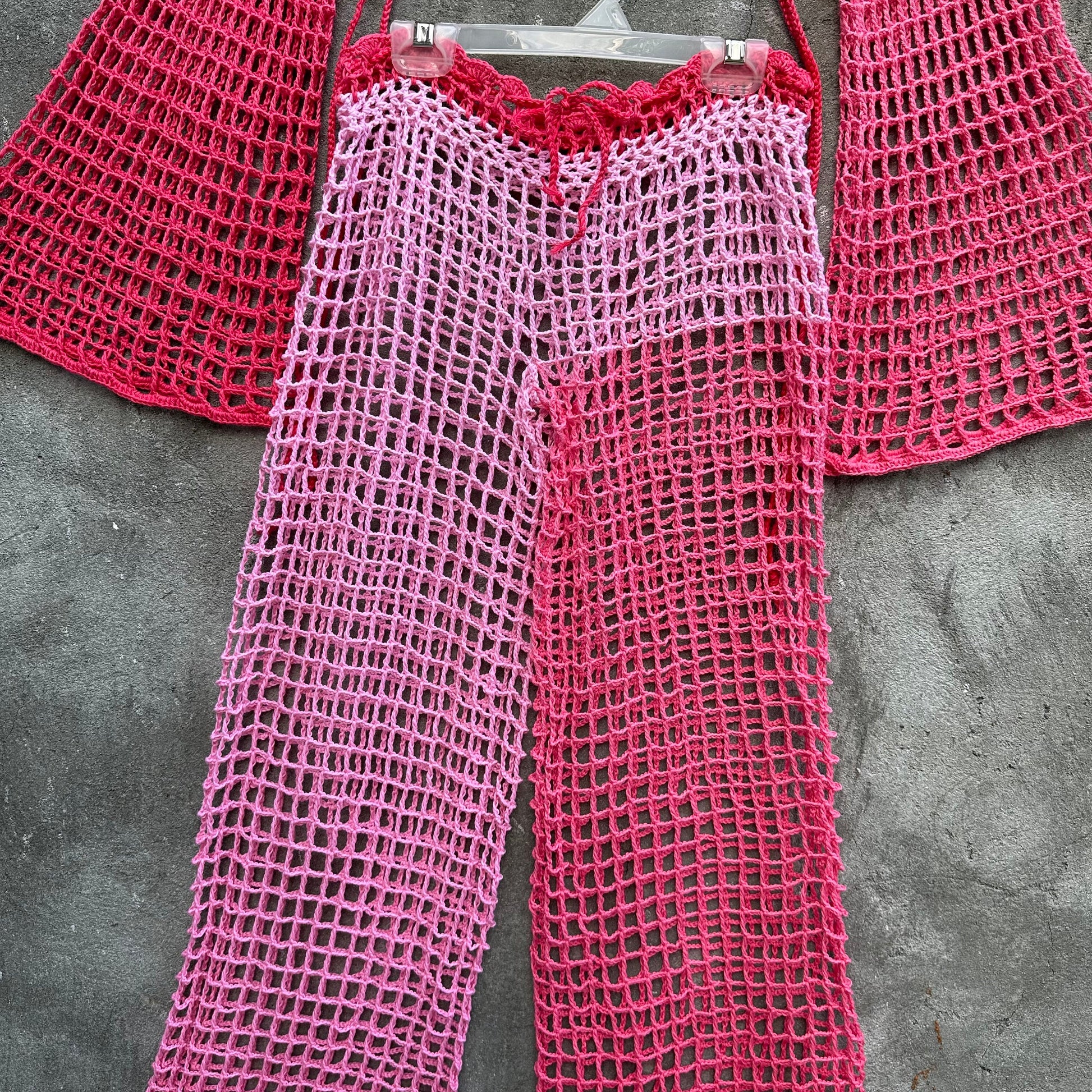 Handmade 3 pcs Festival Outfit Hollow Mesh Pants Bell Sleeve Crop Top Bra Set by Garust