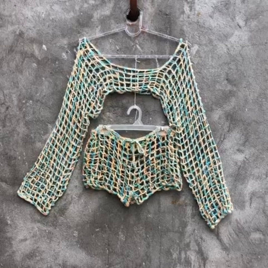 Festival Fishnet Outfit Crochet Long Sleeve Crop Top and Shorts by Garust