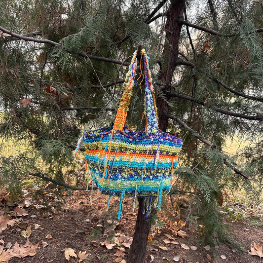 Unique Boho crochet tote bag OOAK Upsycled large bag handmade aesthetic Beach recycled Colorful Festival Fringe bag Yarn stash Textured bag