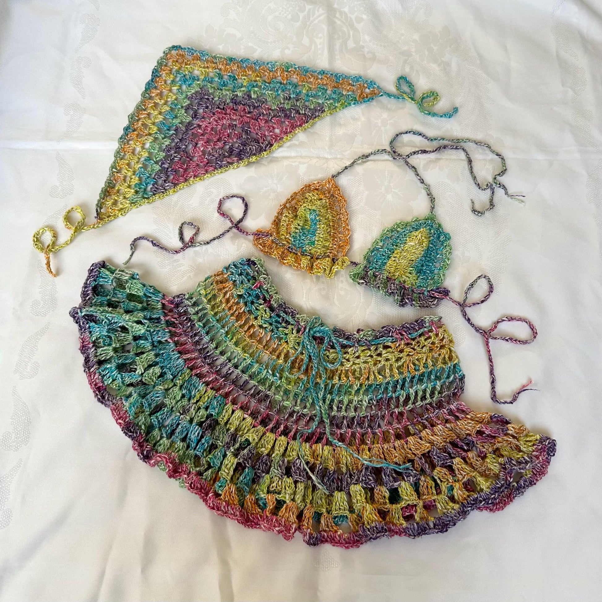 Rainbow 3 pcs Festival Crochet Outfit Colourful Flared Skirt Bra Bandana Headpiece by Garust