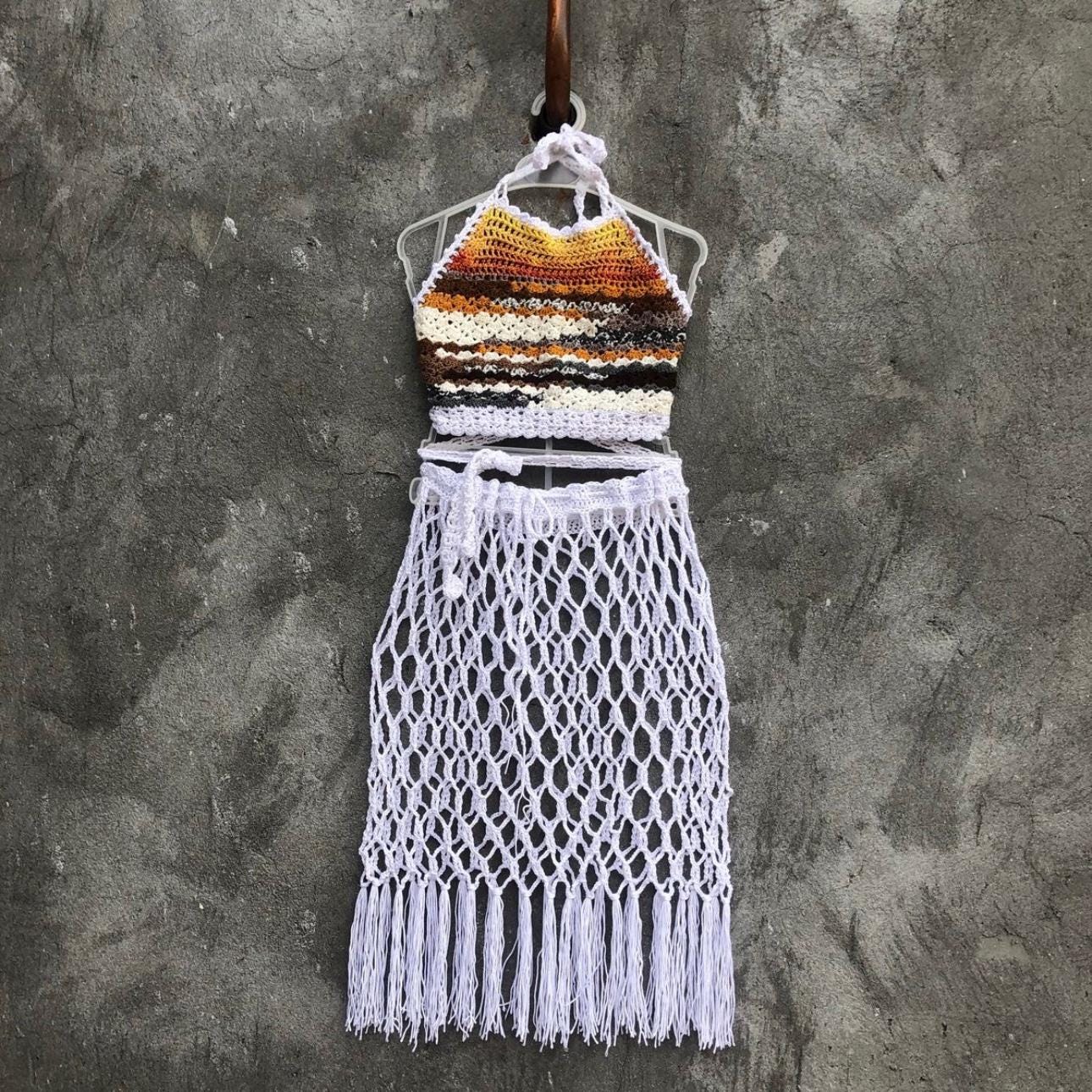 Halter Top and Mesh Fringe Skirt Rave Festival Two Piece by Garust