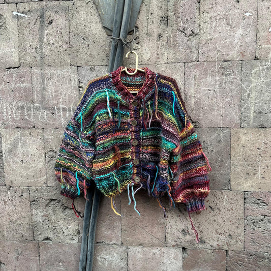 Multicolour Thick Cardigan Chunky Knit Button up Cardigan with Yarn Tassels by Garust