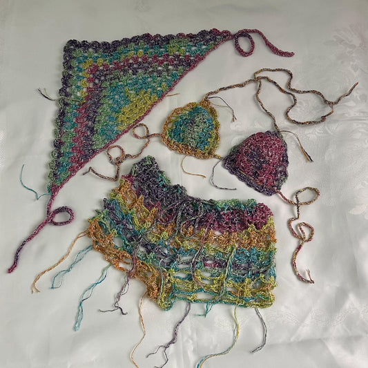 Festival Outfit Women | Crochet Mesh Shorts Bra Bandana 3 pcs | Garust