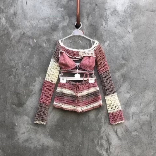 Festival Outfit Crochet 3 pcs Set Bra Shorts and Long Sleeve Crop Top by Garust