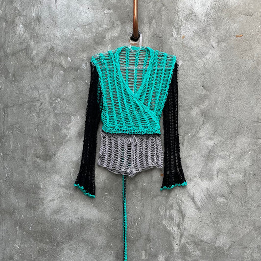 Crochet Two Piece Bell sleeves Wrap Top and Shorts Festival Outfit by Garust