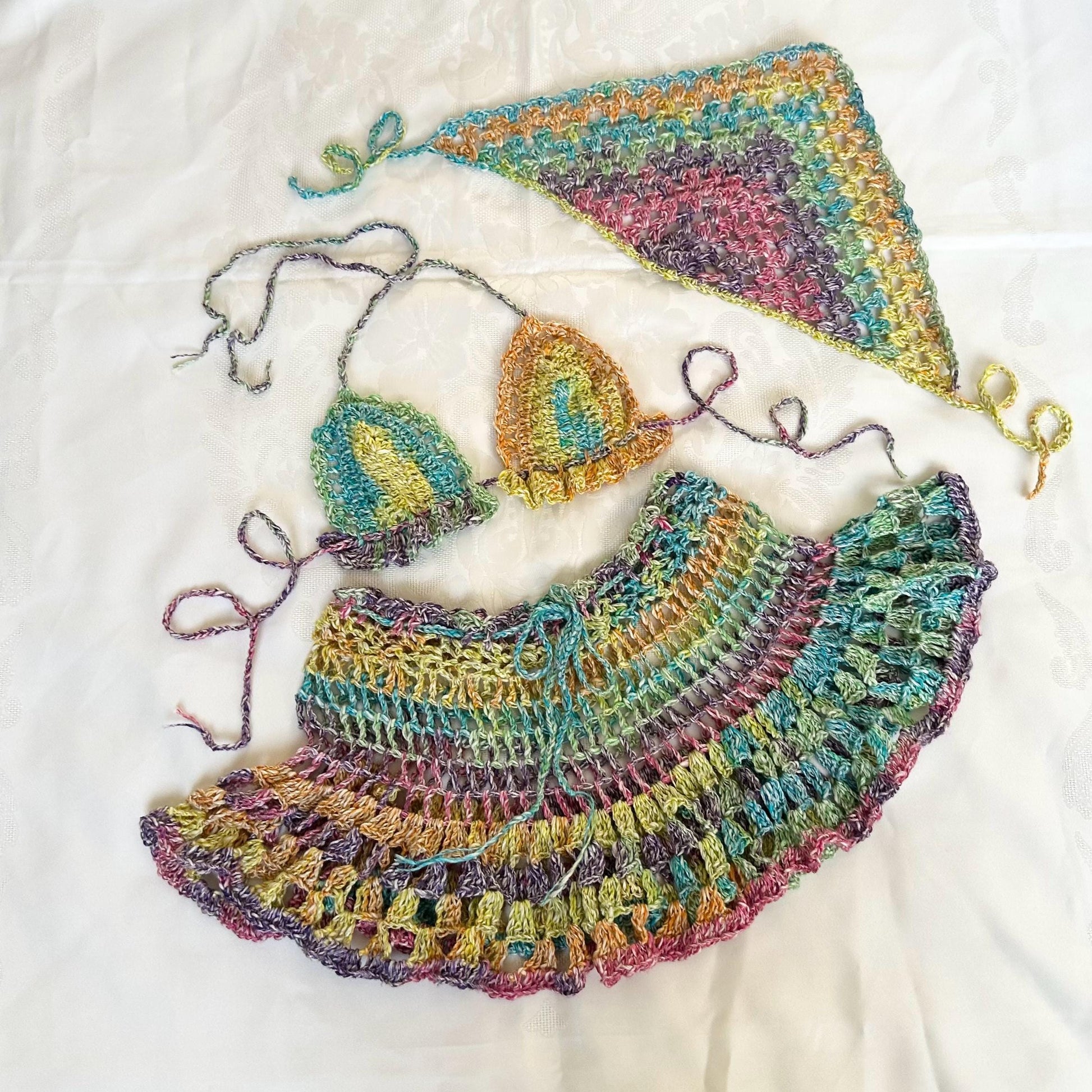 Rainbow 3 pcs Festival Crochet Outfit Colourful Mini Skirt Bra Bandana Headpiece by Garust
